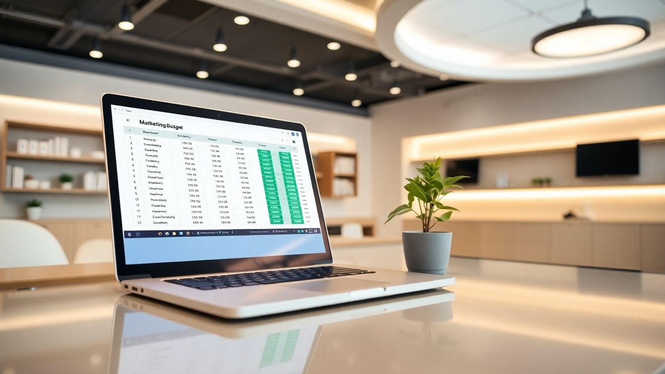 Modern clinic interior with marketing budget on laptop.