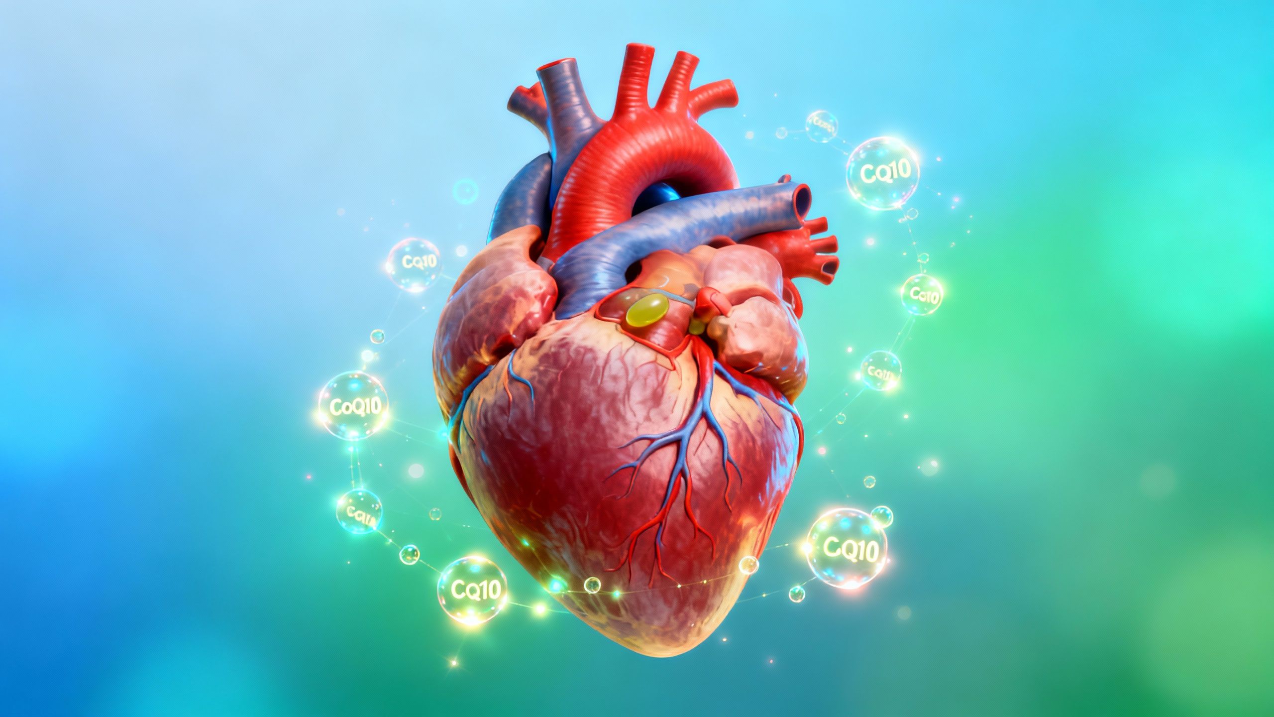Healthy heart with glowing CoQ10 particles.