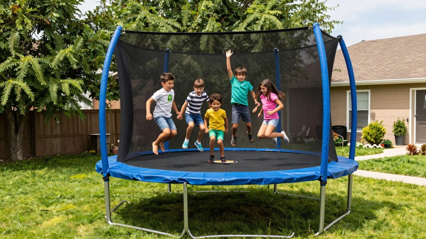 Children jumping on a backyard trampoline