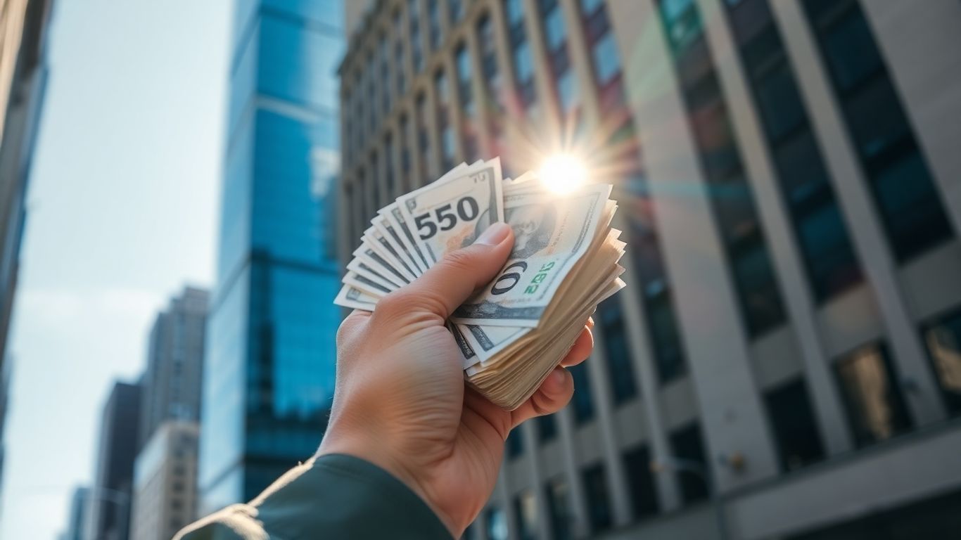 Hand holding money with city skyline background.
