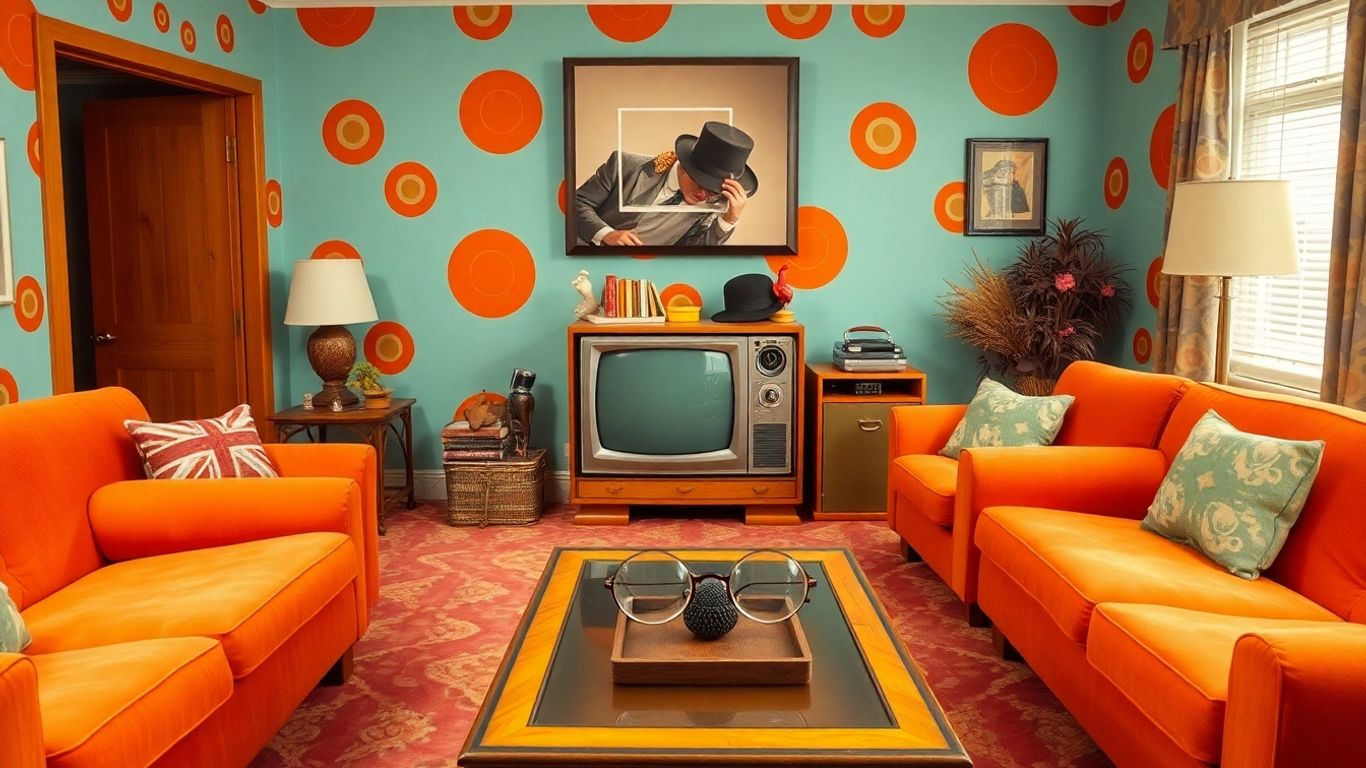 1970s vintage living room with comedy props