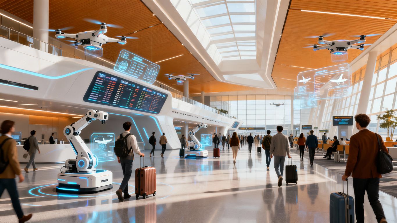 AI assisting passengers in a modern airport terminal.