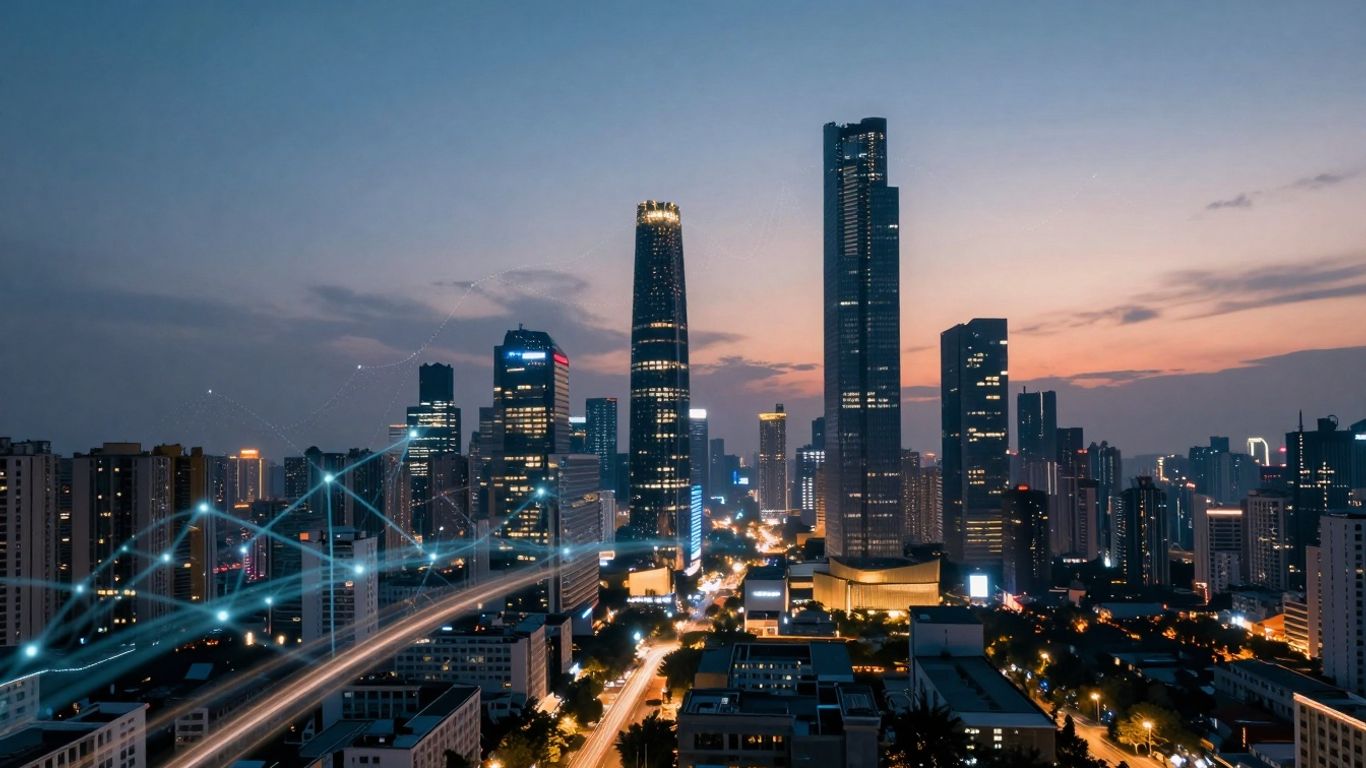 Futuristic cityscape with AI neural network overlay.