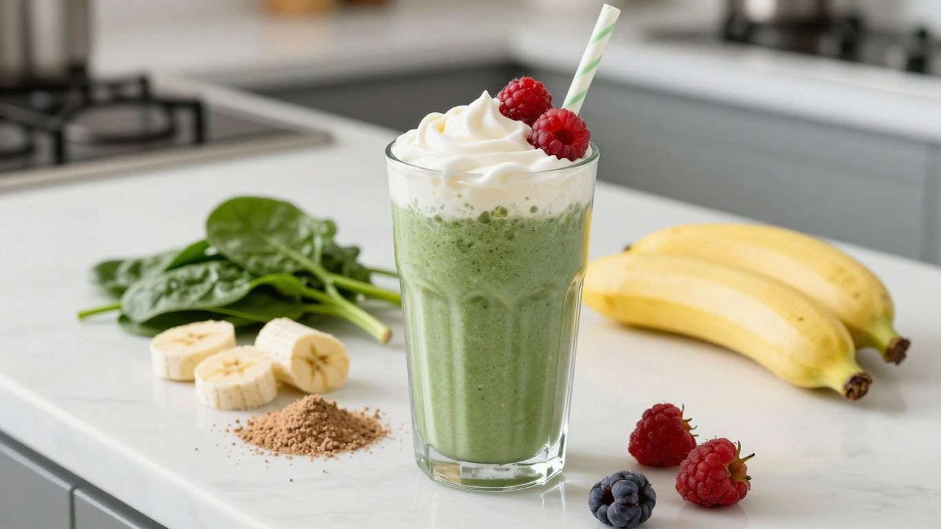 Healthy breakfast shake with fresh fruit and spinach.