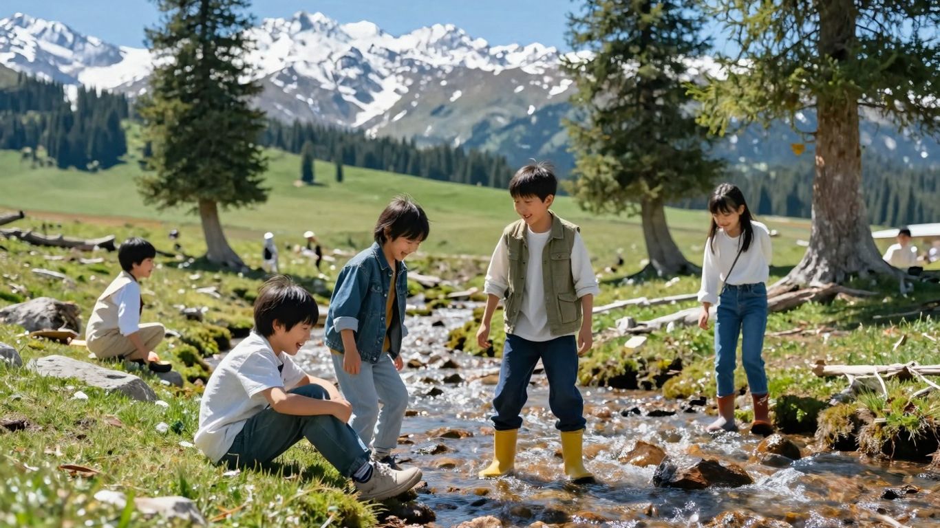 Familie bucurându-se de natură în munți cu copii.