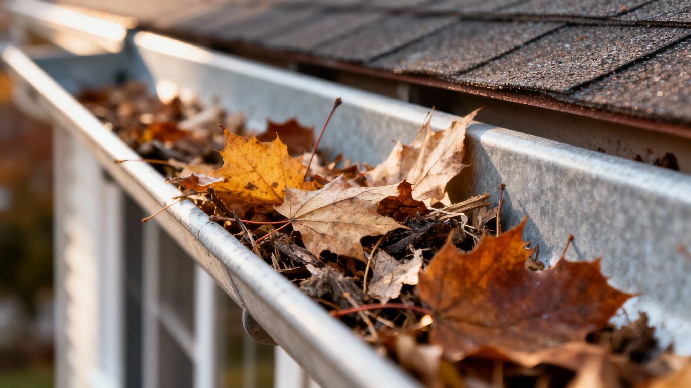 Autumn leaves clog a house gutter, ready for winter.