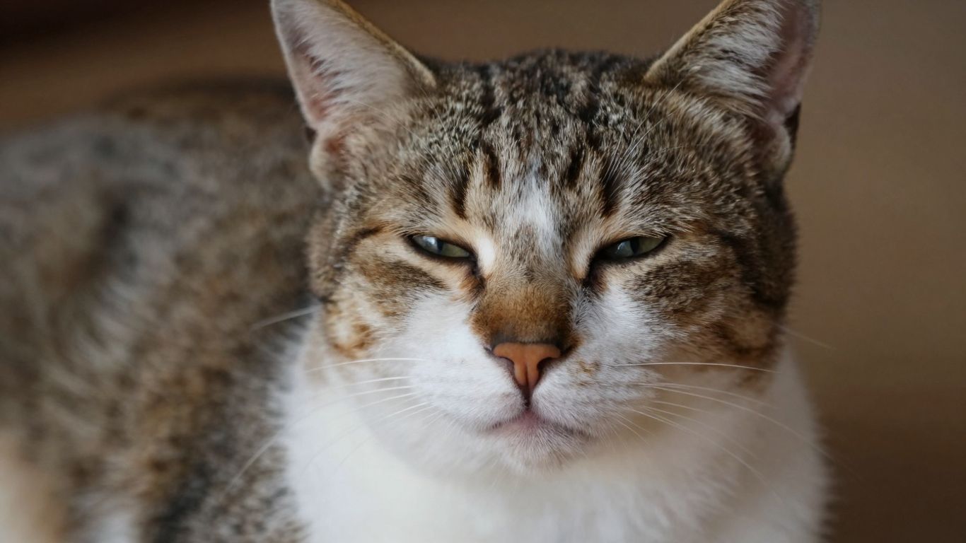 Cat looking relaxed with slightly closed eyes.