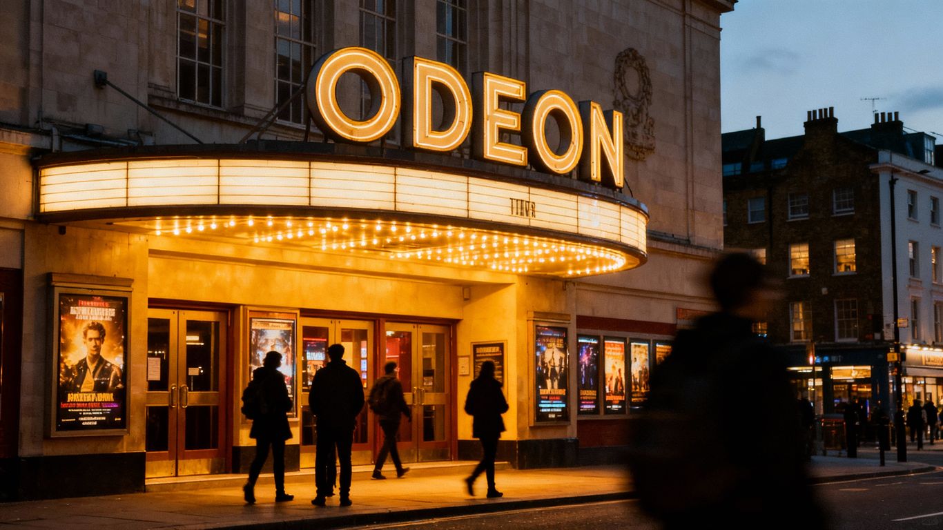 Camden Odeon cinema exterior at dusk with glowing lights.