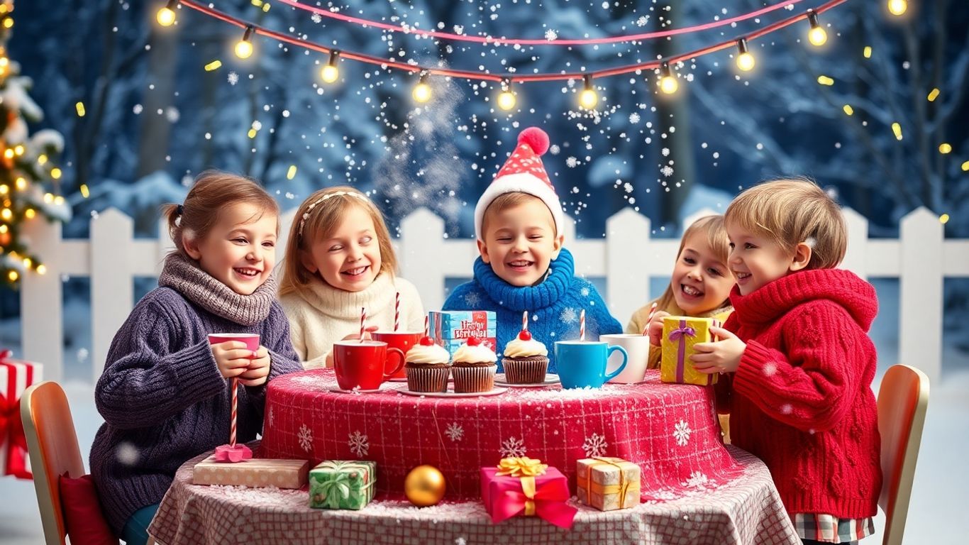 Cozy winter birthday party with gifts and cupcakes.