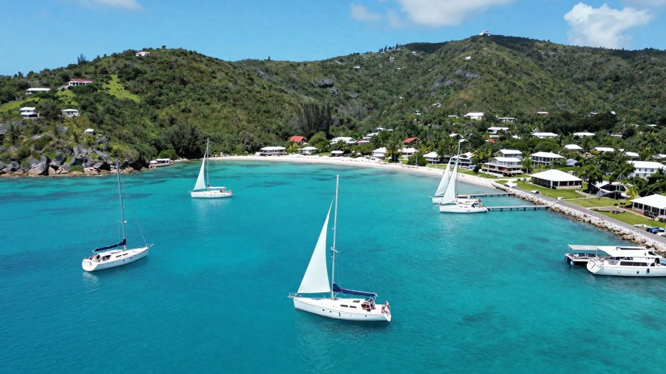 Sailboats in a turquoise bay at The Moorings Tortola marina.