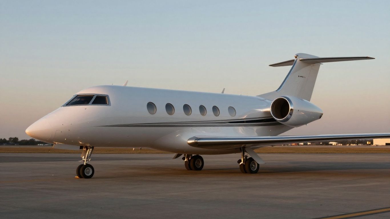 Celebrity private jet on tarmac at sunset.
