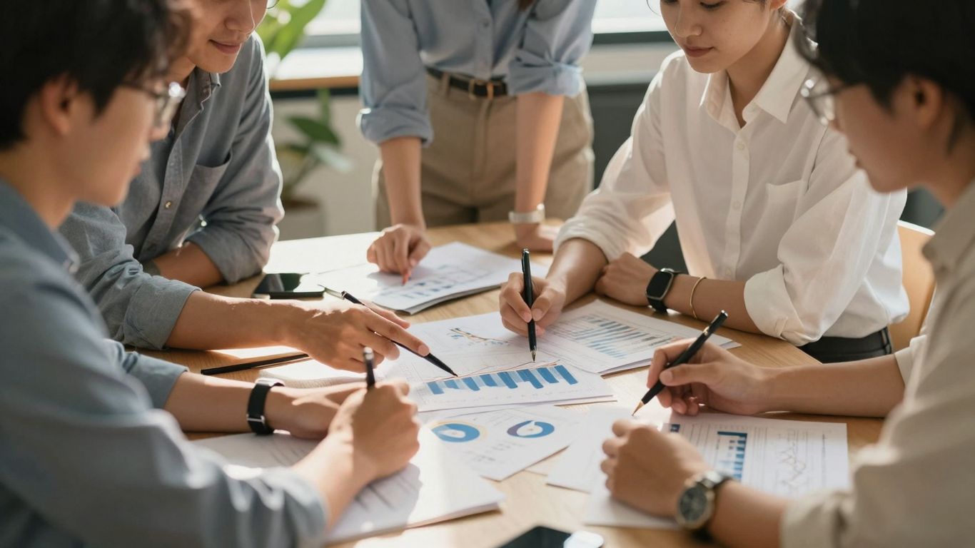 Professionals strategizing for services marketing growth.