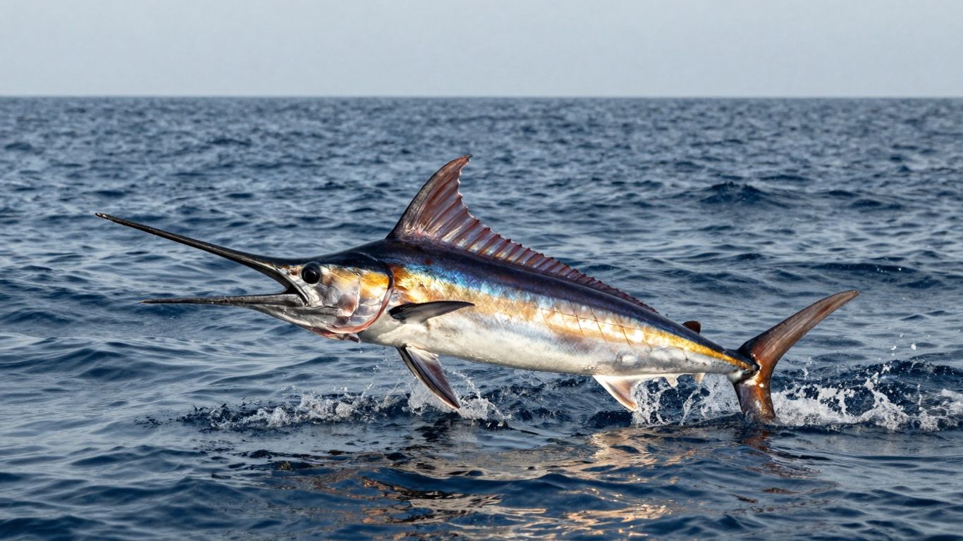 Marlin leaping from ocean during fishing season