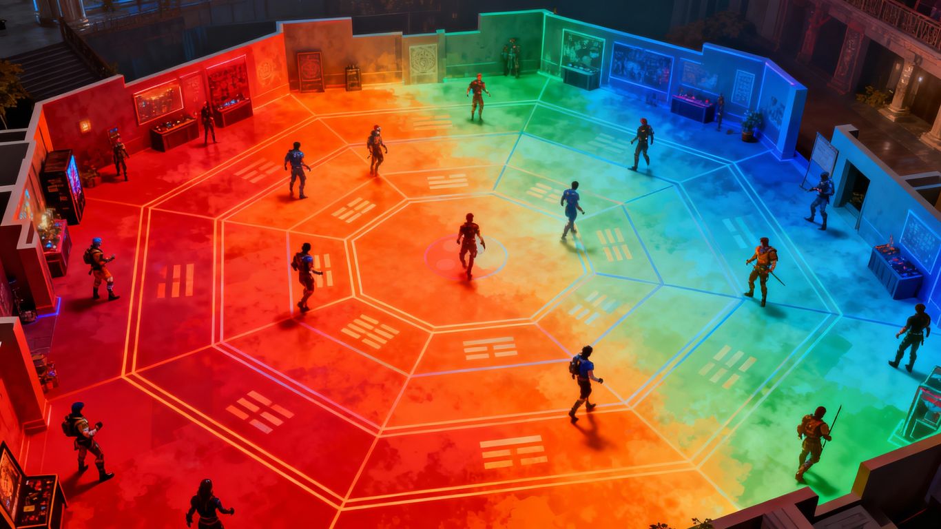 Heatmap overlay on floor plan showing player dwell time by Bagua zone.