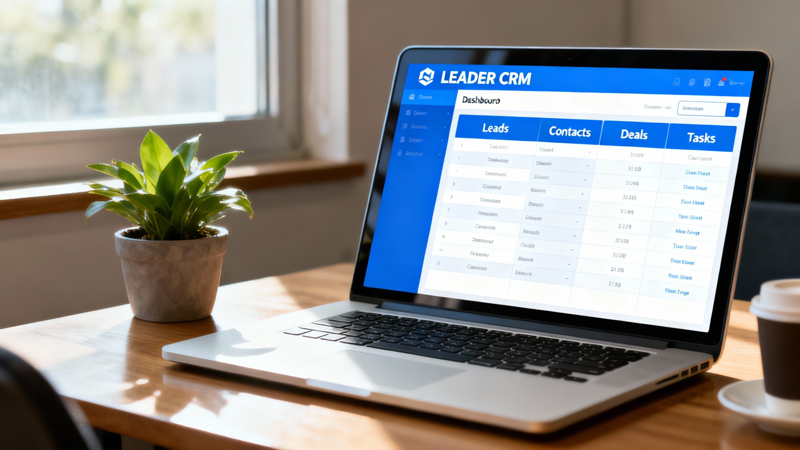 لوحة تحكم LEADer CRM معروضة على جهاز كمبيوتر محمول في مكتب شركة صغيرة
