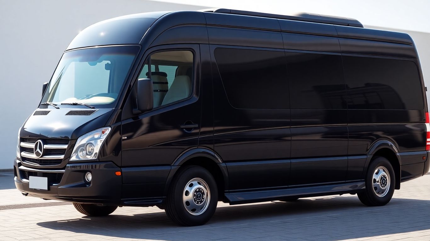 Sleek black executive minibus ready for hire.