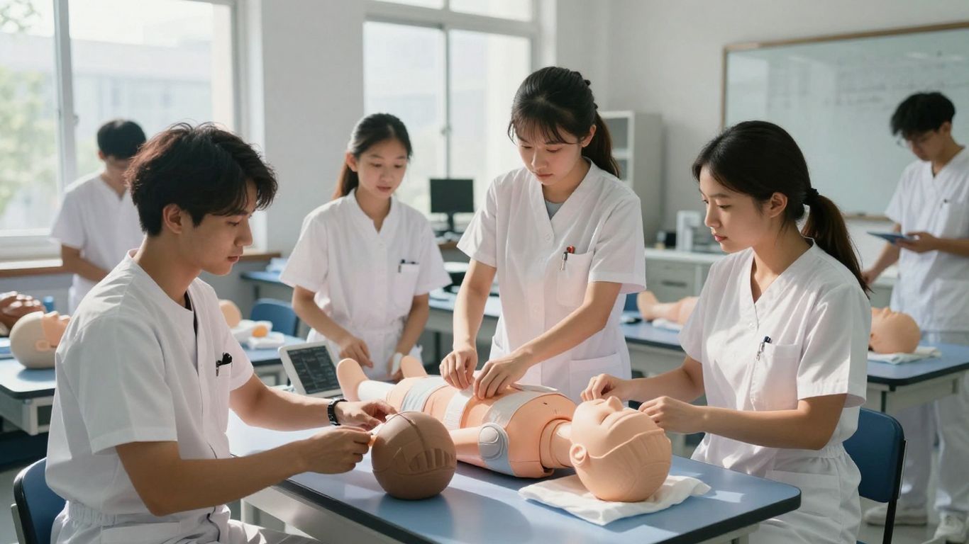 Students practicing medical skills in a bright classroom setting.