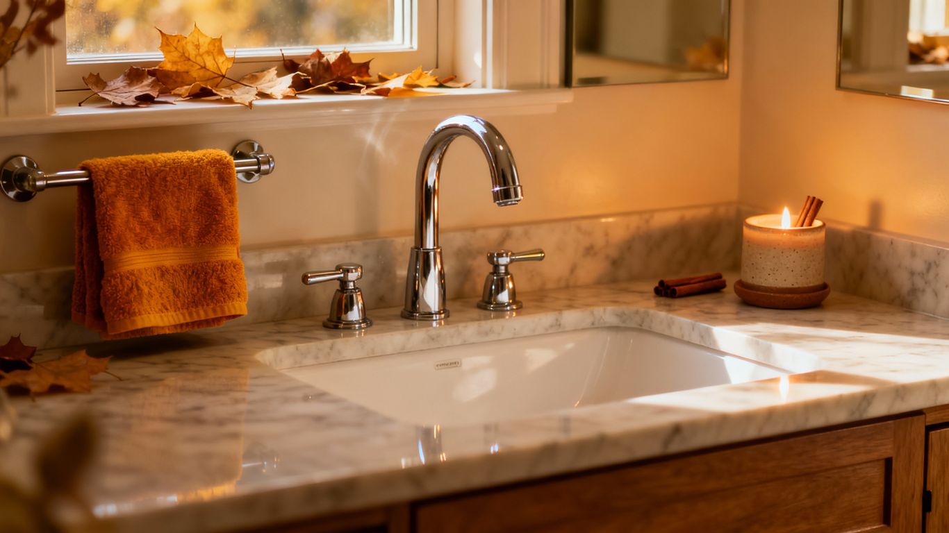 Cozy bathroom with warm autumn lighting.