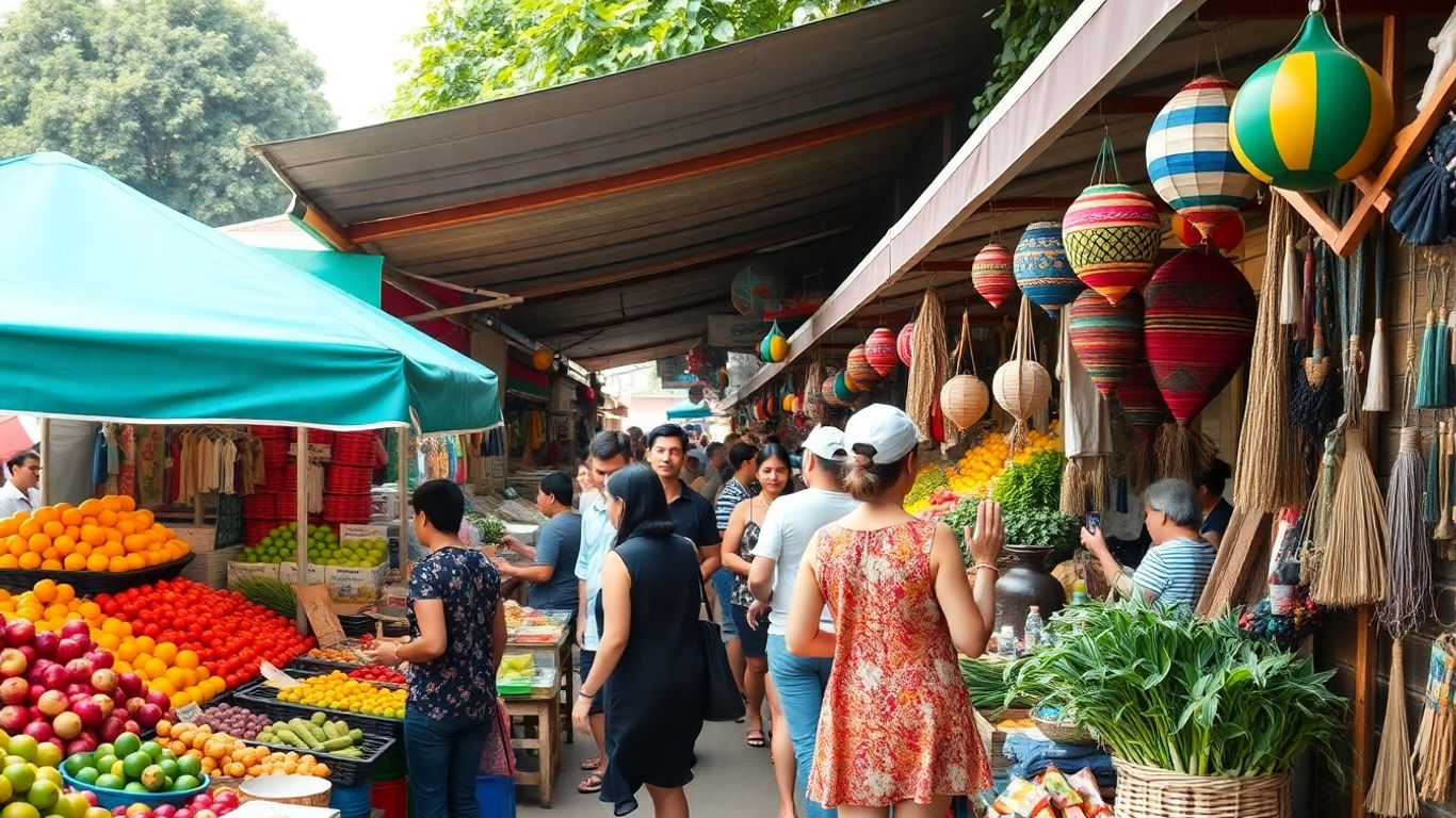 Feira de pequenos produtores com produtos frescos e artesanais.