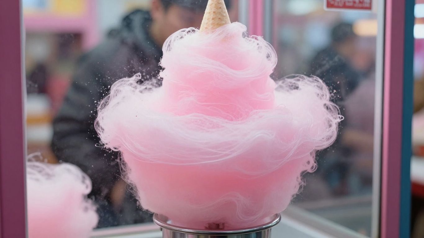 Commercial candy floss machine spinning sweet, fluffy candy floss.