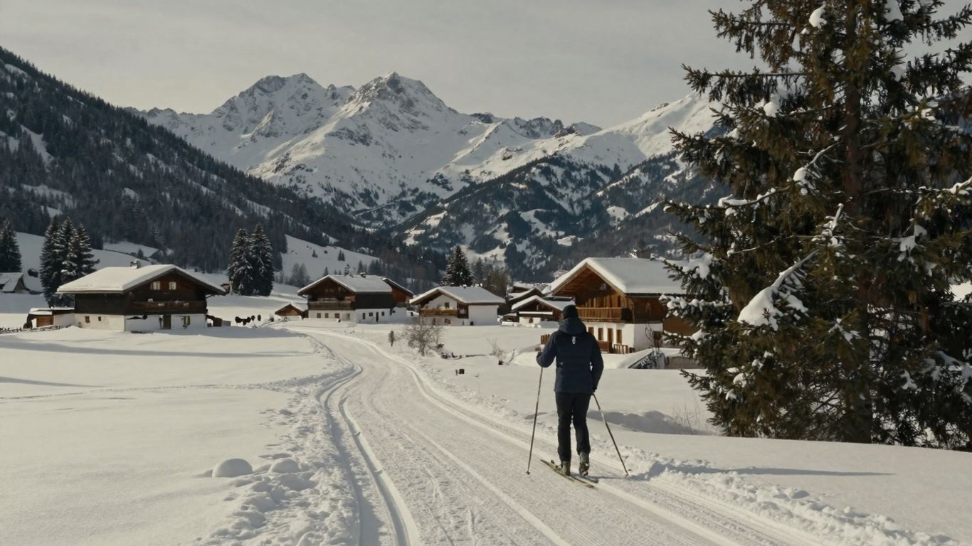 Snowy Austrian mountains and ski trail in Ramsau.