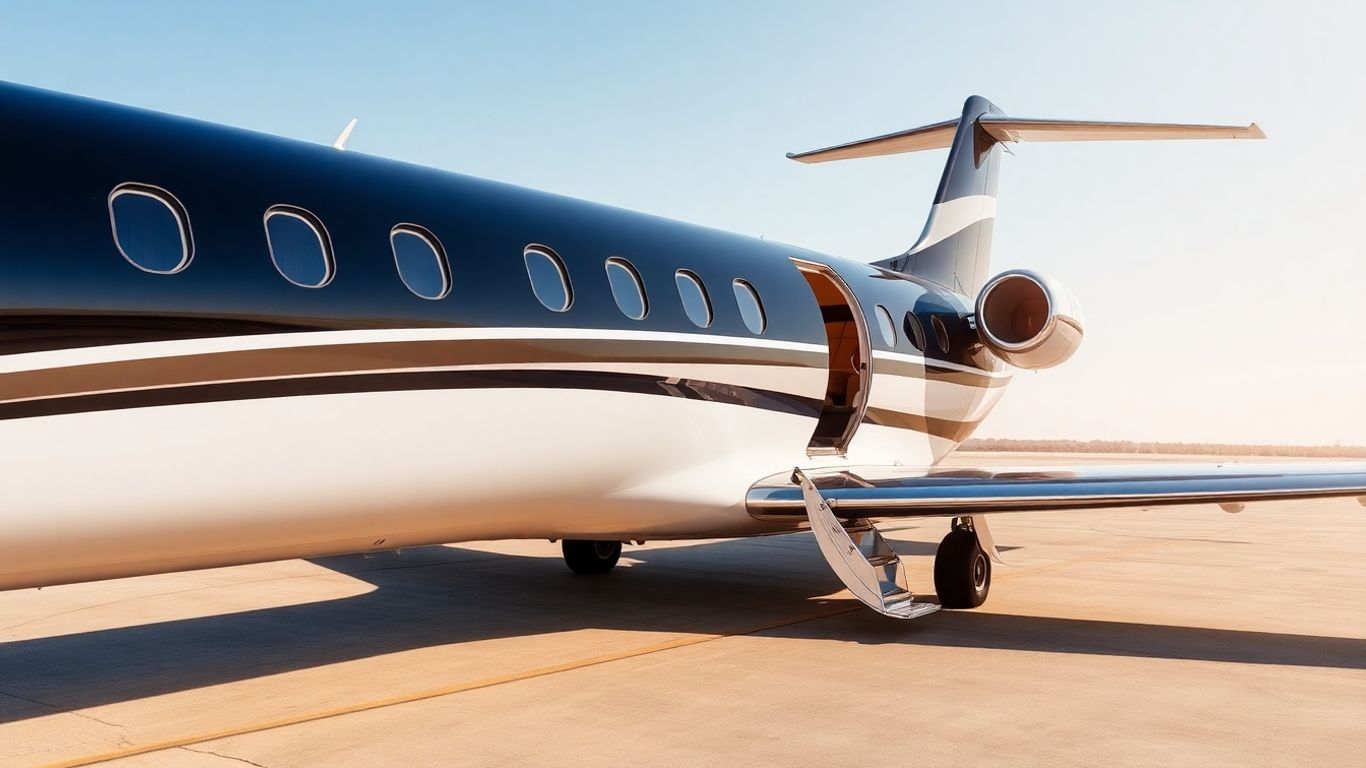 Sleek private jet on tarmac, luxurious interior visible.