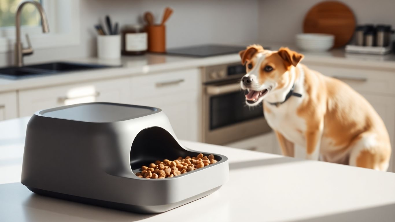 Smart pet feeder with a happy pet nearby.