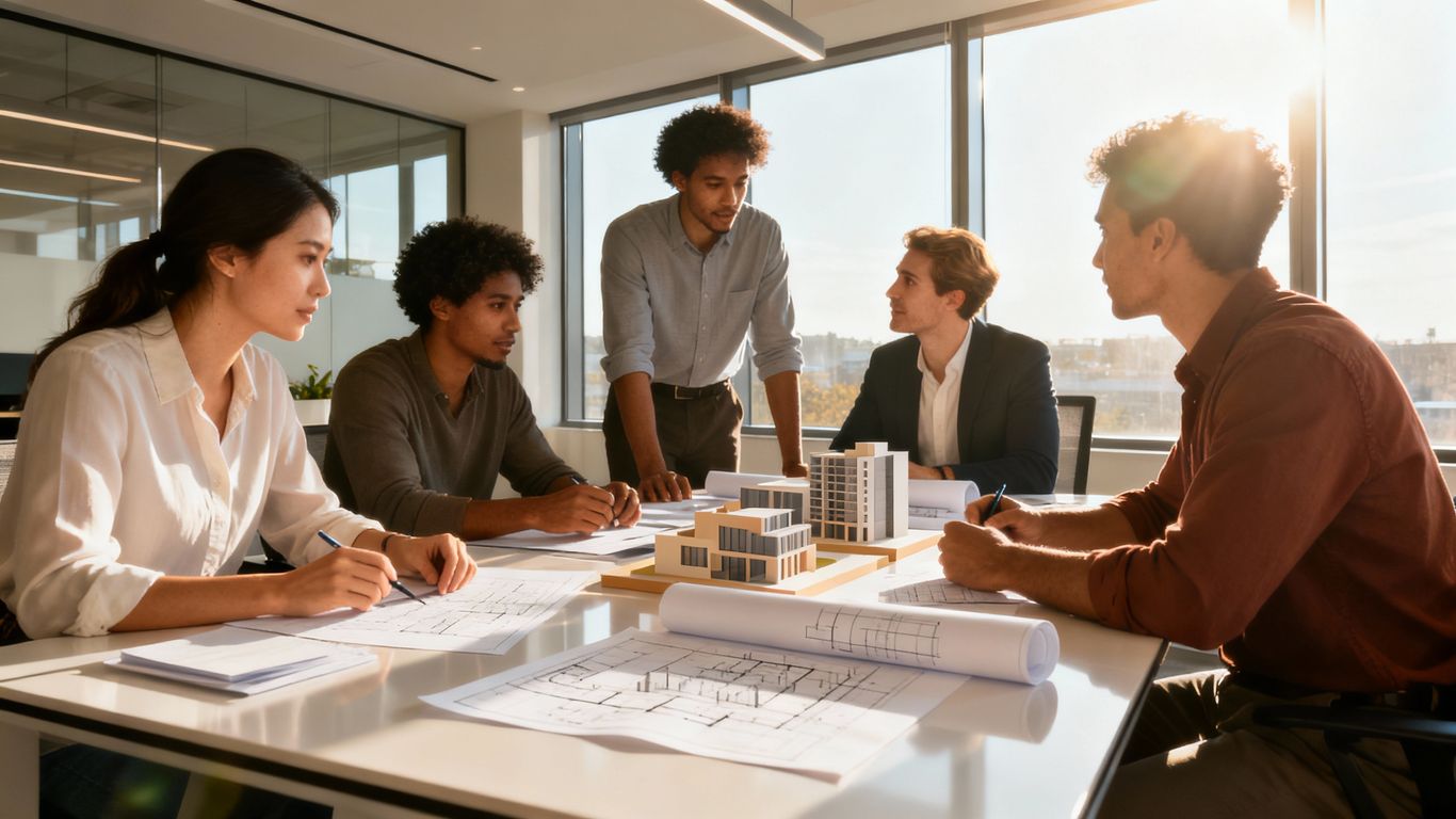 Professionals collaborating in a modern office with blueprints.