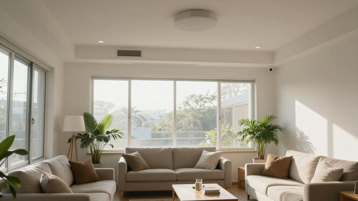 Intérieur de salon lumineux avec système de ventilation par insufflation.