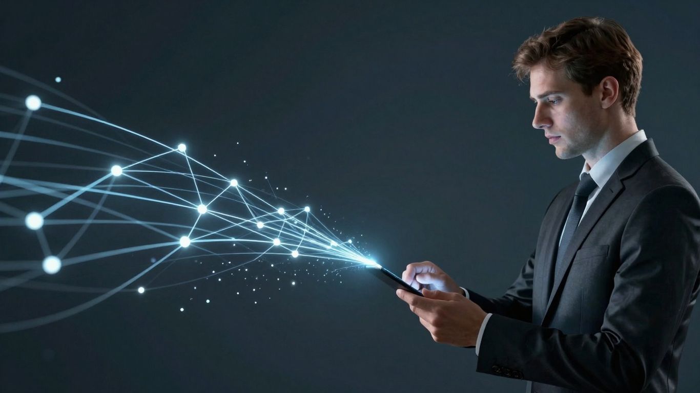 Abstract digital interface with glowing lines and nodes.