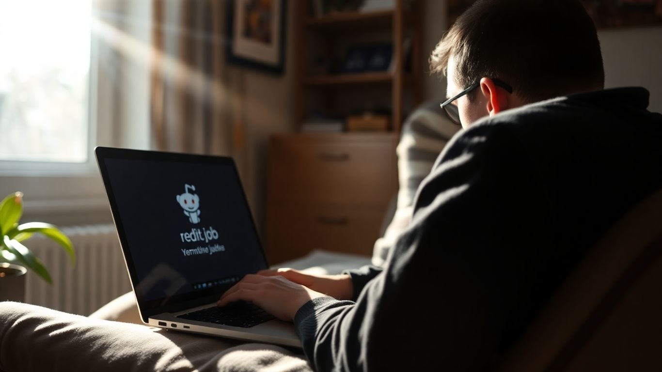 Person working remotely on laptop, Reddit logo visible.