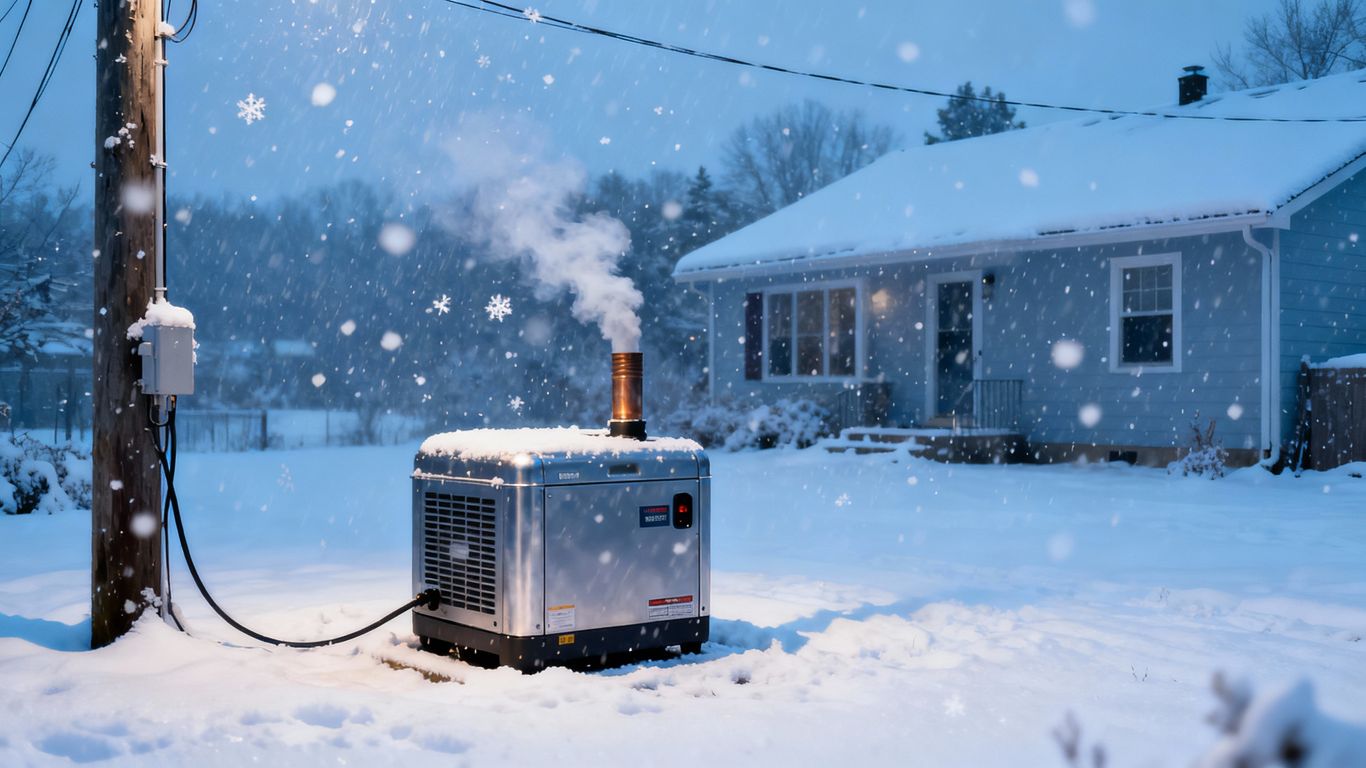 Backup generator operating during a winter storm.