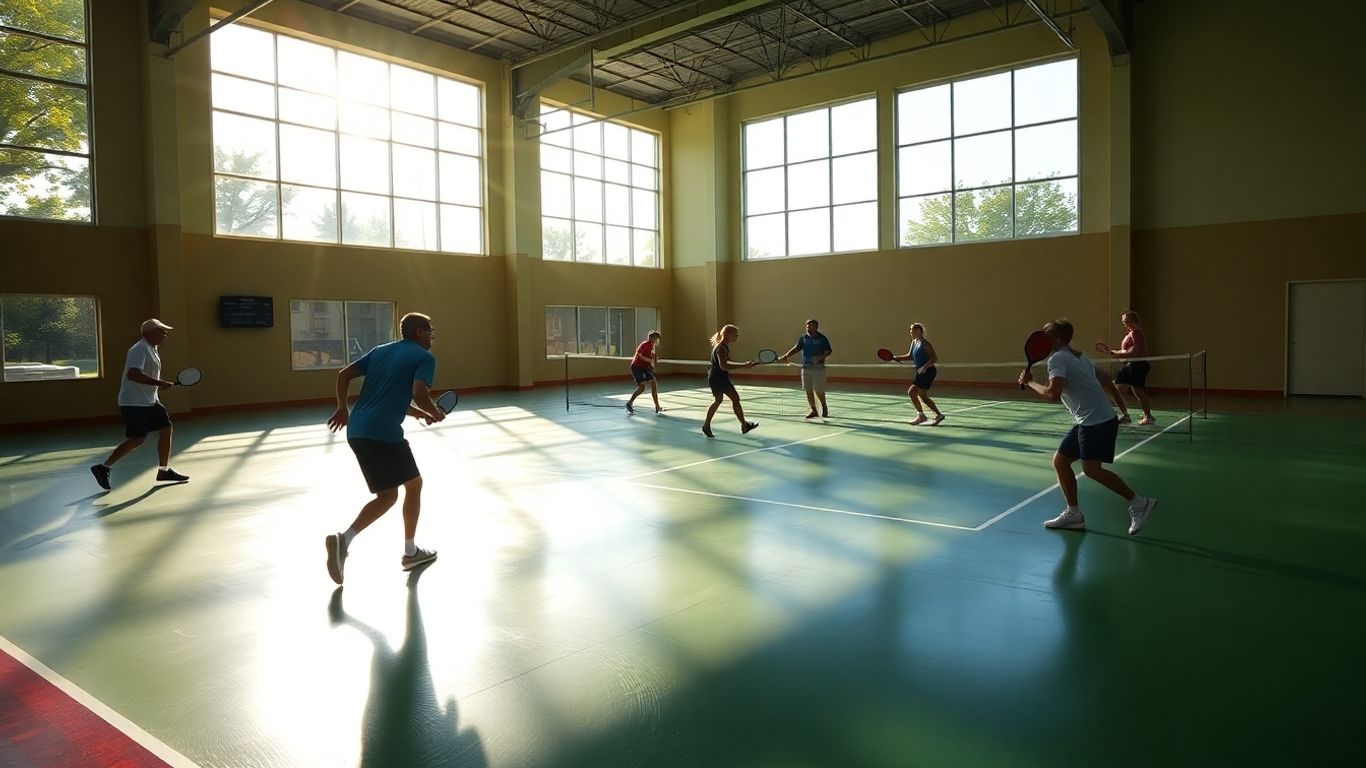 Indoor pickleball game in progress.