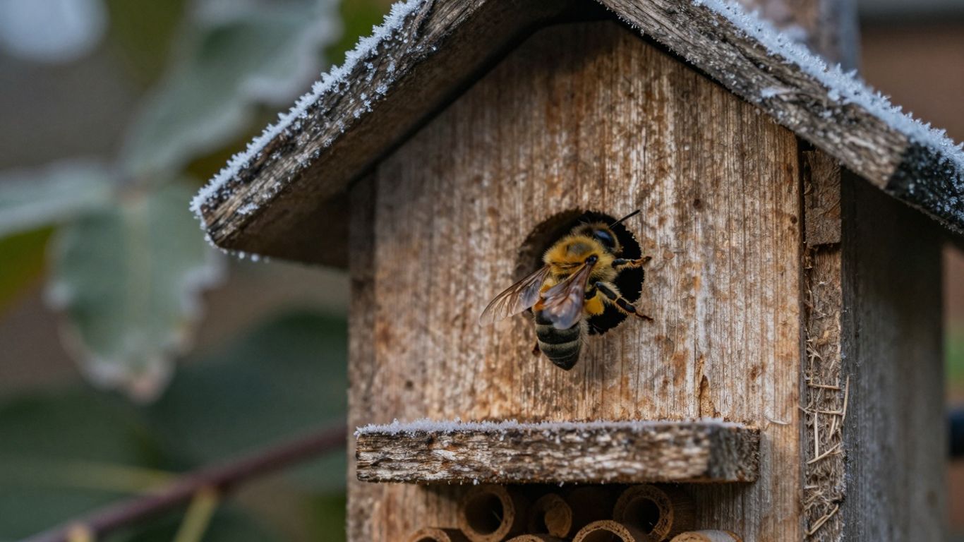 Insektenhotel im Winter mit einer Biene