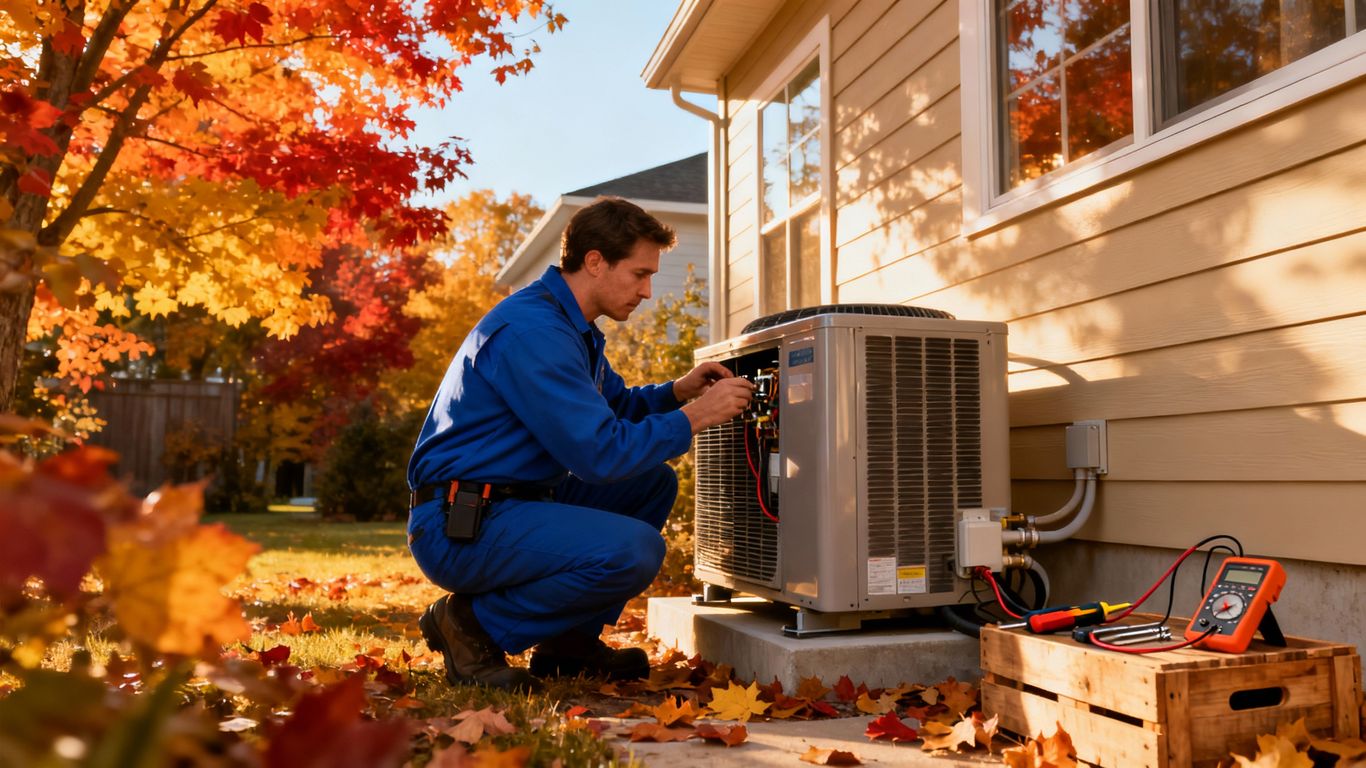 HVAC technician working on unit in fall season