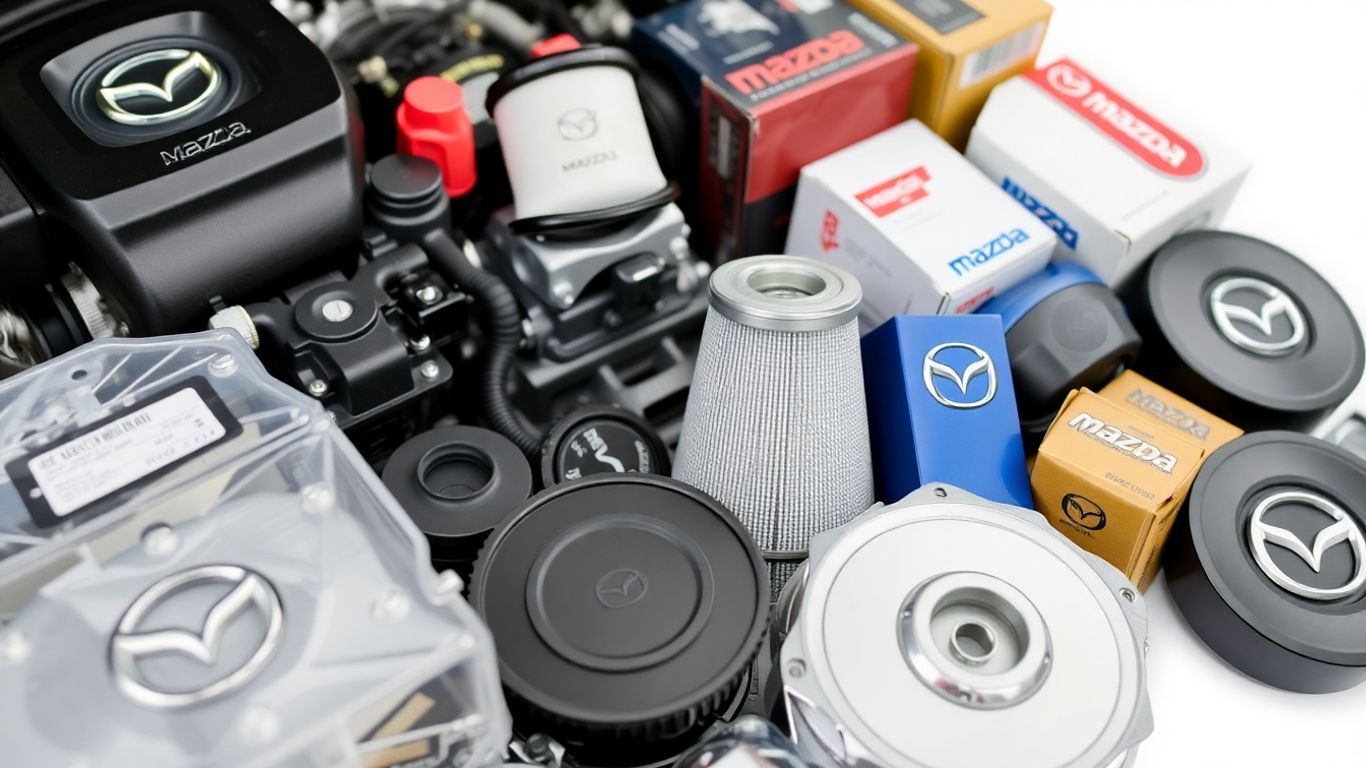 Genuine Mazda spare parts arranged for display.
