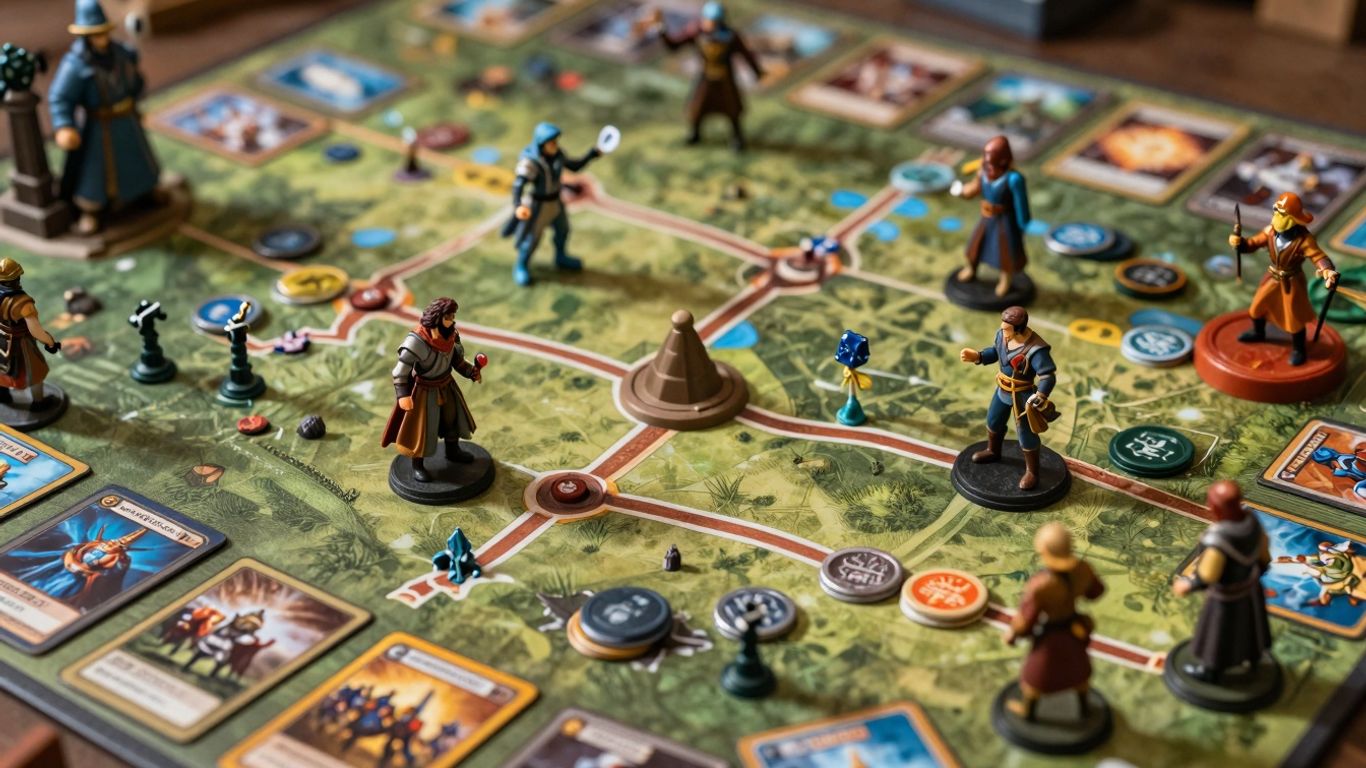 Strategiczne karty i figurki w grze Hero Realms: Podróże.