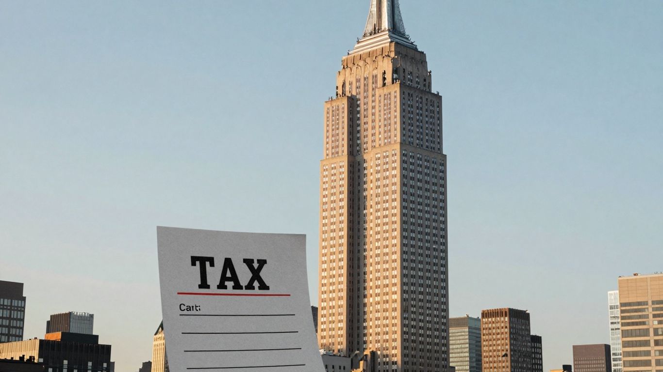 New York City skyline and financial document graphic.