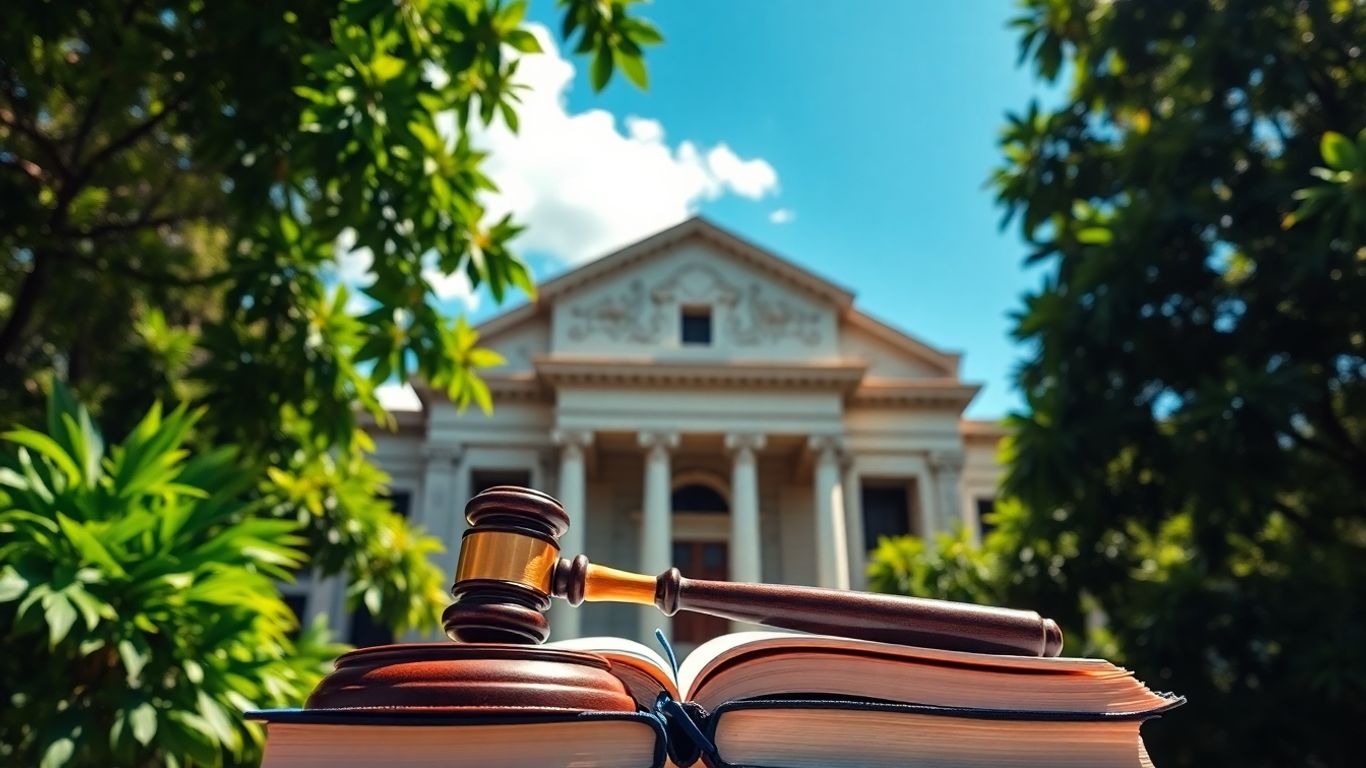 Jamaican courthouse with gavel and legal books.