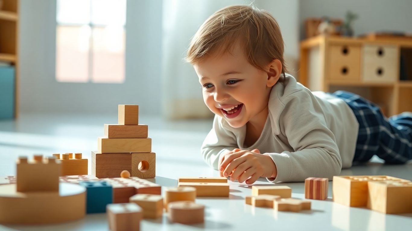 Child playing with Montessori toys for independent play.
