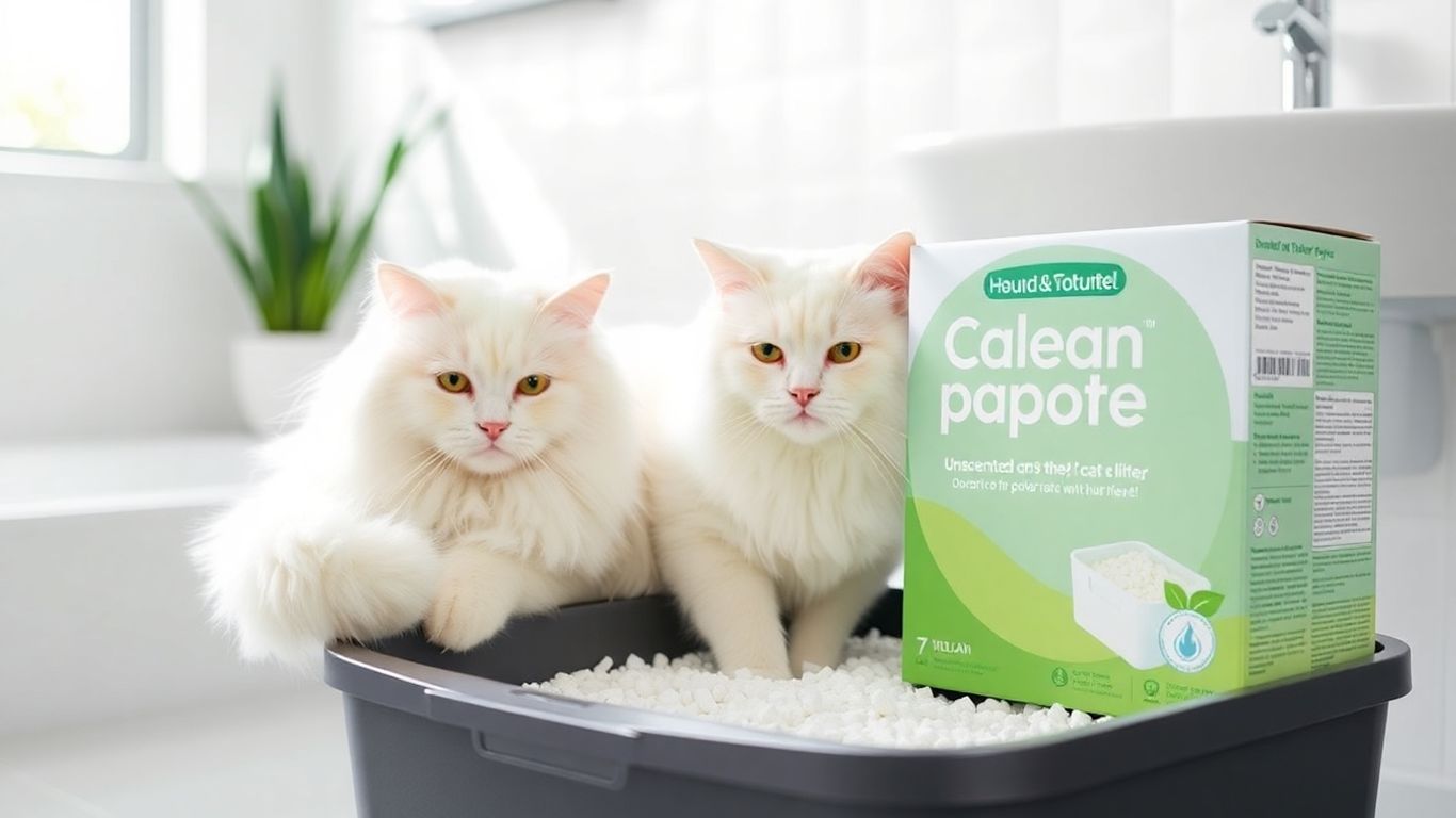 Unscented paper cat litter with a cat in a clean bathroom
