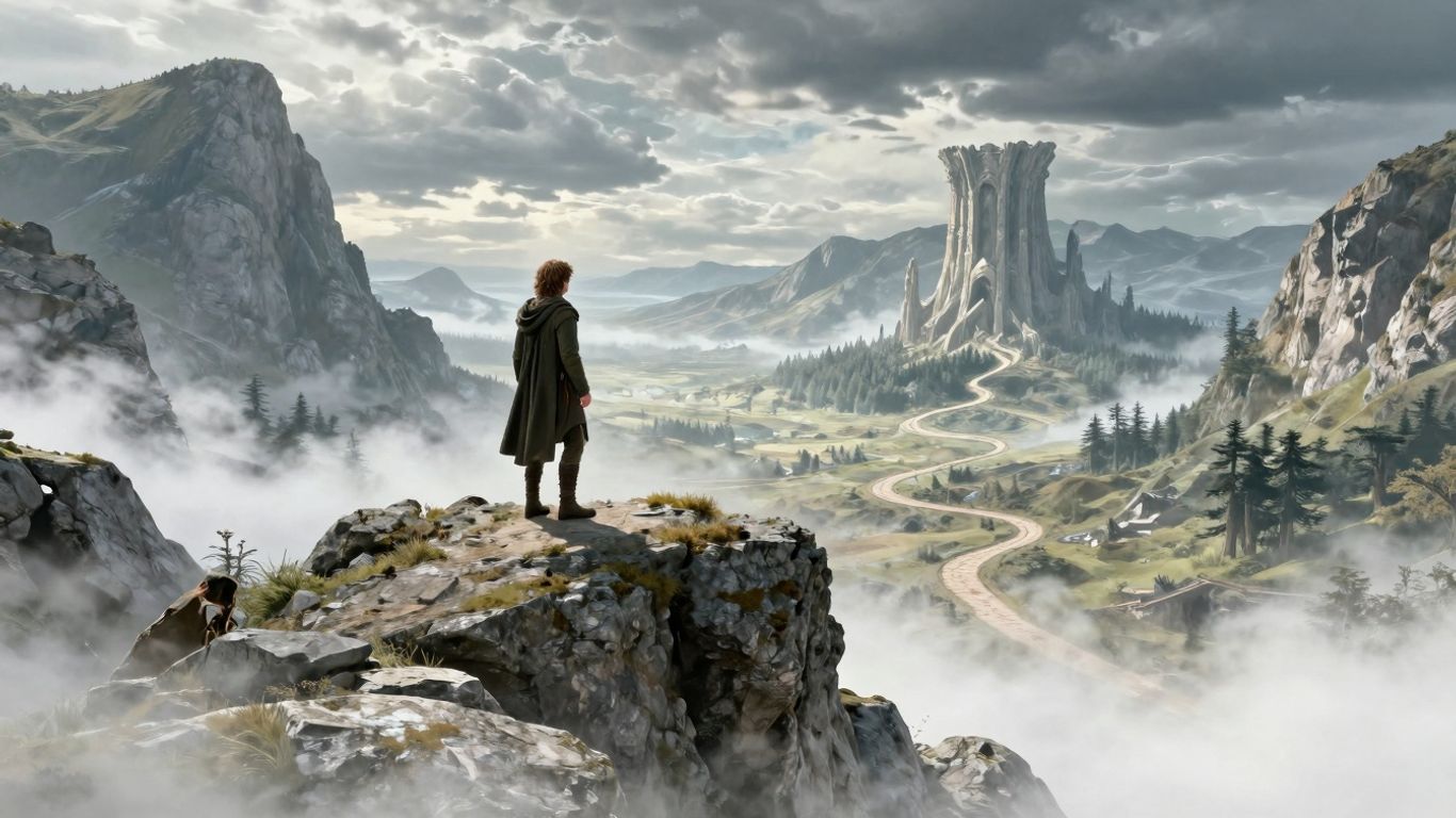 Krajobraz Śródziemia z górami i lasem.