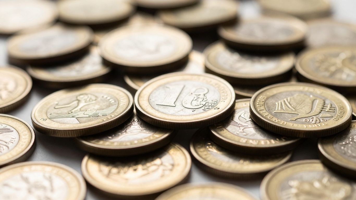 Gold and silver coins with intricate designs.