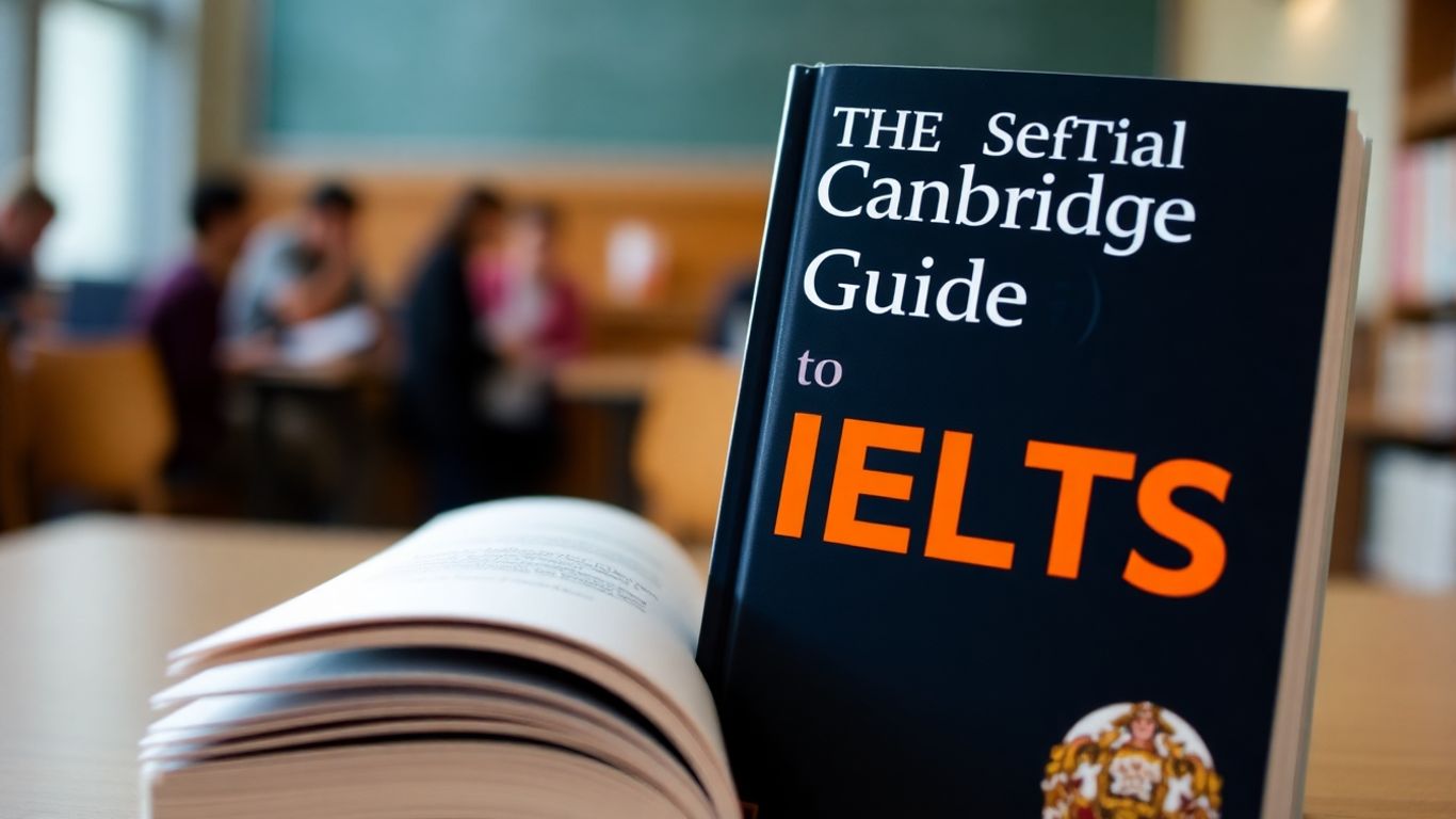 Official Cambridge Guide to IELTS book stack with pen.