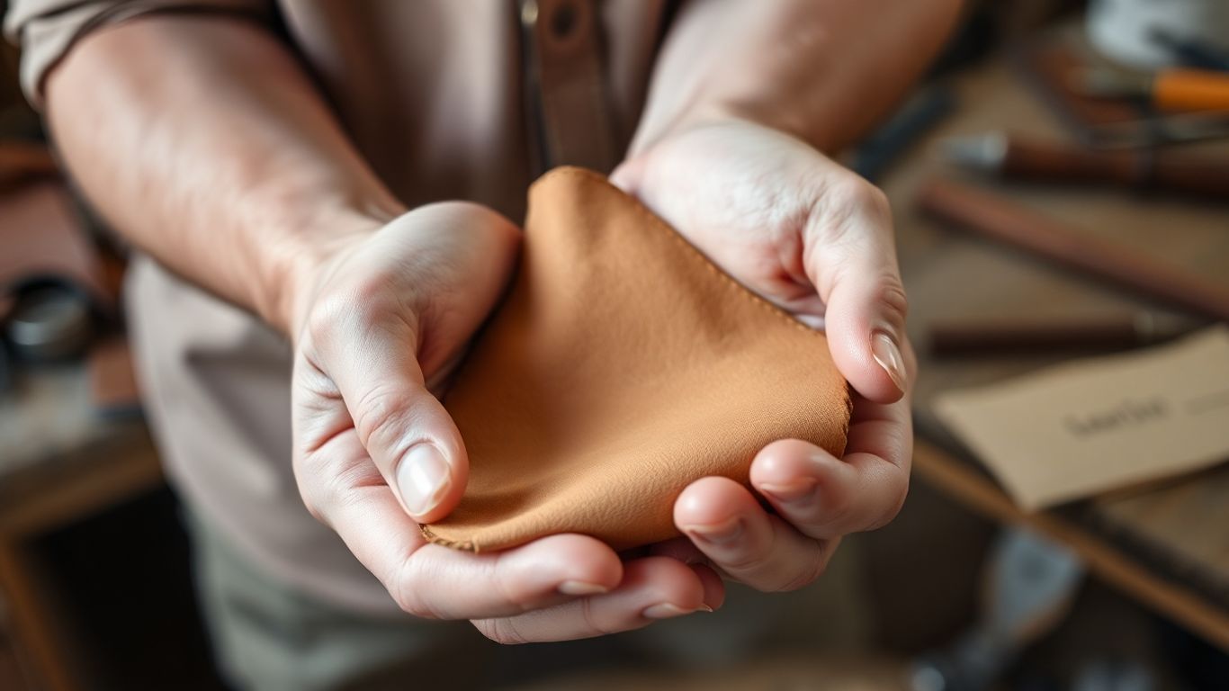Nahaufnahme von Nubukleder in einer Hand mit Werkzeugen.