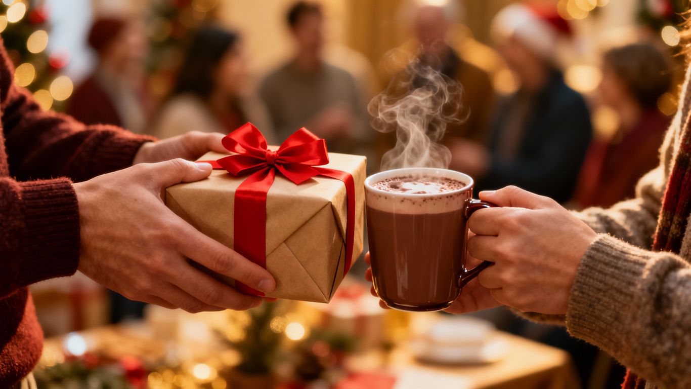 Hands exchanging a gift and a warm drink on Christmas Day.