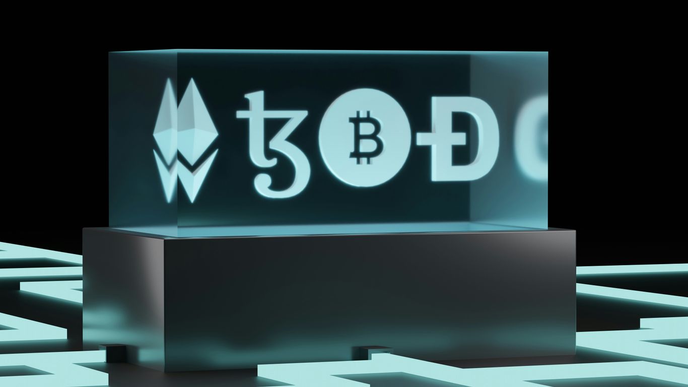 Digital display showcasing various cryptocurrency logos in futuristic design.