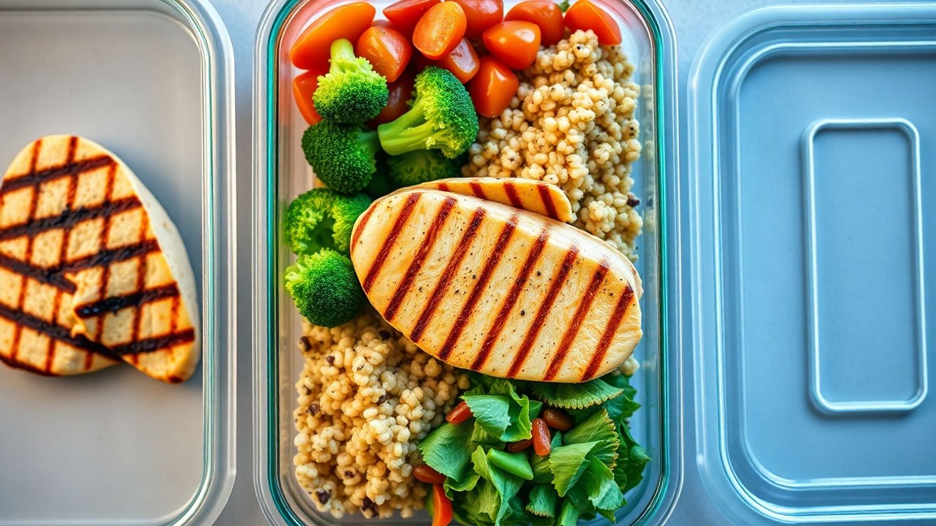 High protein meal prep containers with chicken, quinoa, and vegetables.