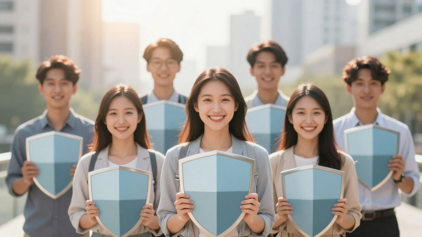 People protected by insurance shields under sunlight.