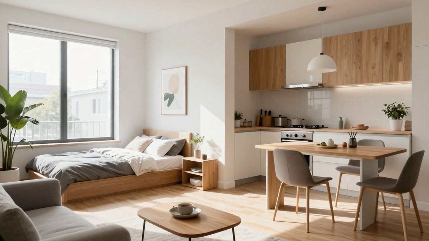 Studio apartment layout with living, kitchen, and sleeping areas.